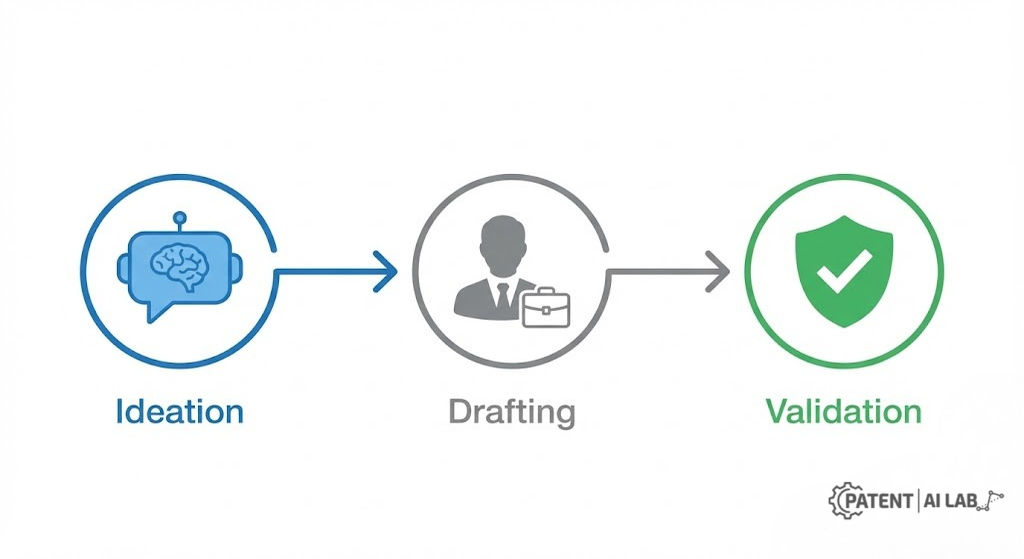 AI Patent Drafting Software in 2026: ChatGPT vs. Specialized Tools 5 Workflow diagram showing generative AI tools producing a first draft that feeds into specialized patent software for validation, followed by human attorney review before USPTO filing
