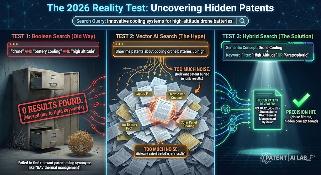 Vector vs Boolean Patent Search (2026): The 4-Step Hybrid Workflow 2 Vector vs. Boolean patent search workflow comparison diagram.
Infographic comparing Boolean vs. Vector vs. Hybrid patent search accuracy for a high-altitude drone query. The left panel shows Boolean search failing with zero results due to rigid keywords. The middle panel shows Vector AI search generating excessive noise with irrelevant documents. The right panel demonstrates Hybrid search successfully filtering noise to reveal a specific hidden patent for a 'Stratospheric UAV Thermal Management System'.