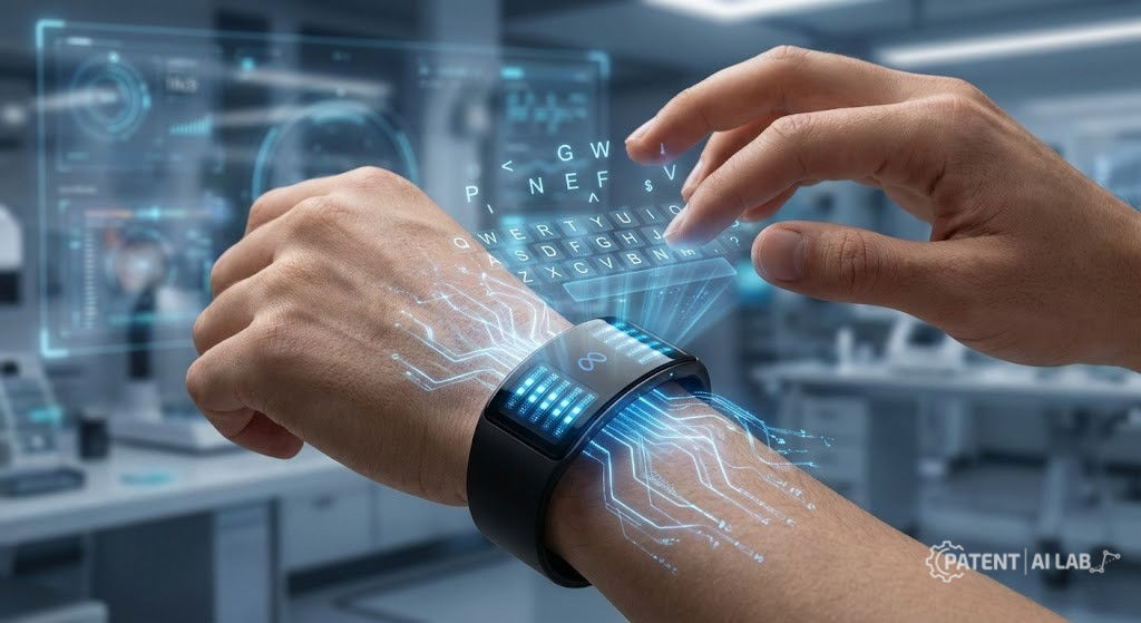 Apple Vision Pro vs Samsung XR Patents: The 2026 Spatial IP Stack 6 Illustration of Meta Orion AR glasses paired with EMG neural wristband technology, showing wrist-based motor neuron signal detection