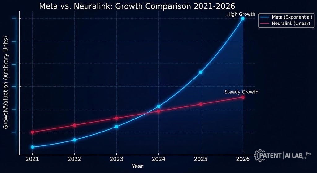 Neuralink vs. Meta (2026): The "Mind Control" Patent War – Brain Chips vs. Wristbands 5 Meta vs Neuralink patent filing trends 2021-2026 showing massive growth in EMG patents