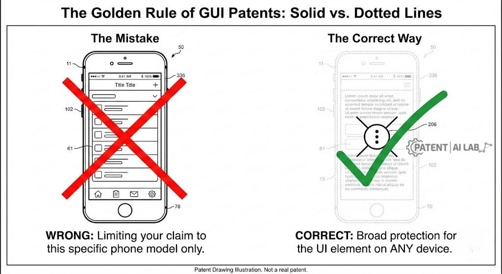 How to Patent a Mobile App UI: 2026 Cost, Drawing Rules & Strategy 3 Comparison of incorrect vs. correct GUI design patent drawings.