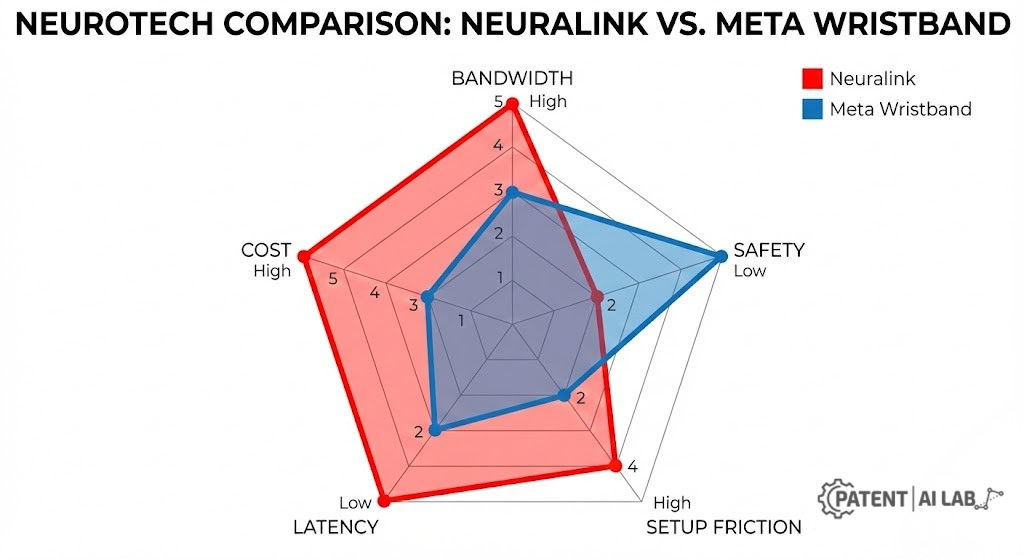 Neuralink vs. Meta (2026): The "Mind Control" Patent War – Brain Chips vs. Wristbands 4 Radar chart comparing Neuralink efficiency vs Meta wristband safety and bandwidth