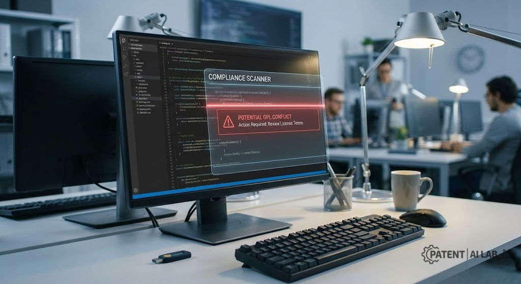 Doe v. GitHub Lawsuit Status (2026): Is Your AI-Assisted Code Safe? 5 Developer workstation showing code scanning tool output highlighting a GPL license match in an AI-generated code file