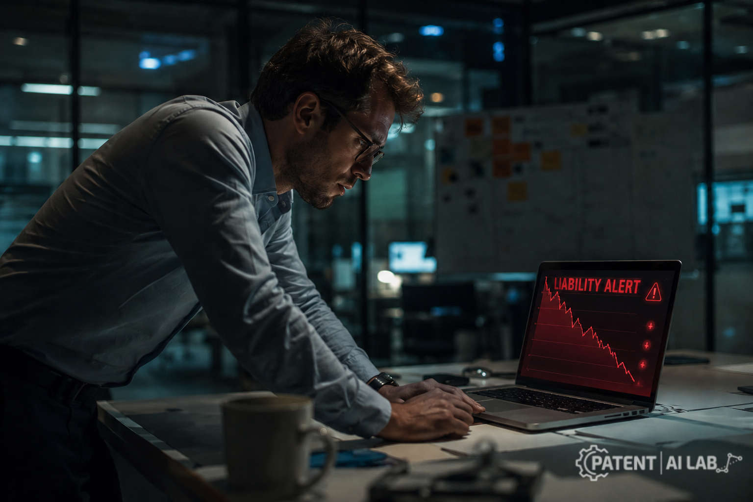 Agentic AI IP Laws (2026): Who Owns the Code Your Autonomous Agent Writes? 5 Illustration of a SaaS founder reviewing a legal document after an autonomous AI agent caused a production system failure
