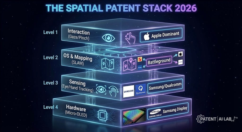 Apple Vision Pro vs Samsung XR Patents: The 2026 Spatial IP Stack 4 Diagram showing the three-layer spatial computing patent stack: Interaction layer, SLAM sensing layer, and Micro-OLED display layer