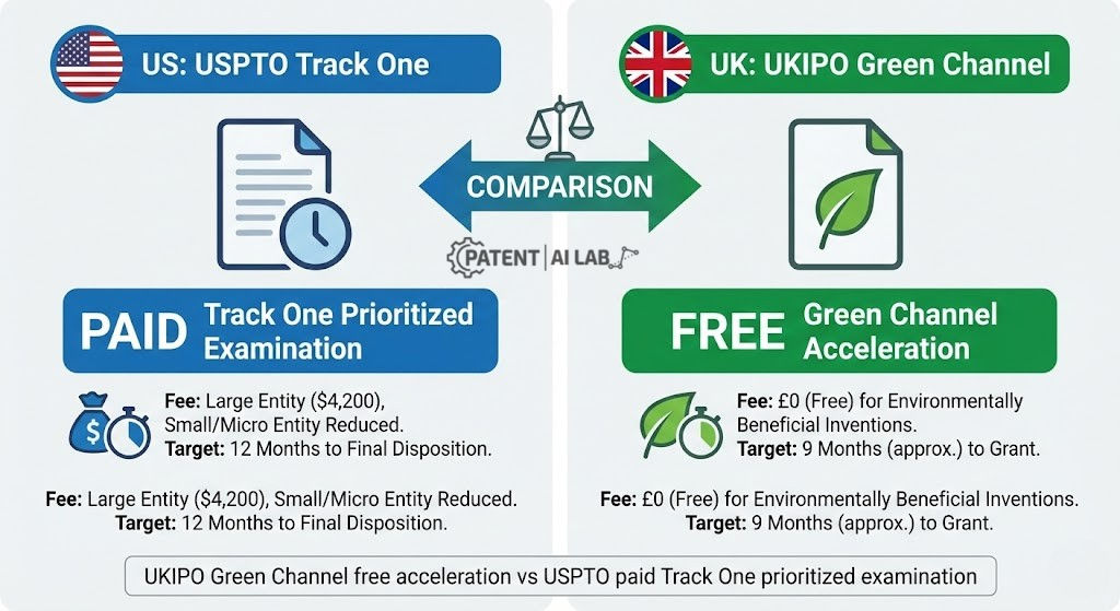Fast-Track Your Patent: 12 Months vs. 3 Months Timeline Explained (2026) 5 Comparison infographic of USPTO paid Track One service versus UKIPO free Green Channel acceleration