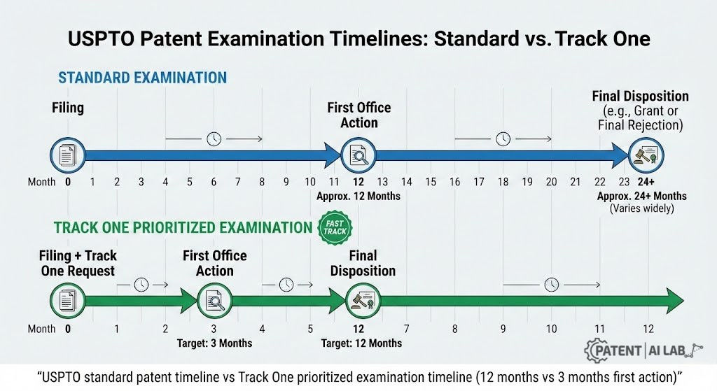 Fast-Track Your Patent: 12 Months vs. 3 Months Timeline Explained (2026) 3 Comparison chart of USPTO Standard examination (22 months) vs Track One timeline (12 months)
