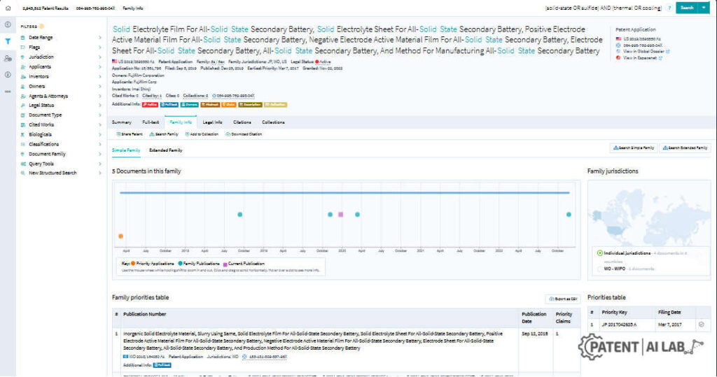 Best Patent Landscape Software for AI-Driven White Space Analysis 4 Lens.org patent search interface displaying publication timeline and global jurisdiction map for a solid electrolyte battery patent family.