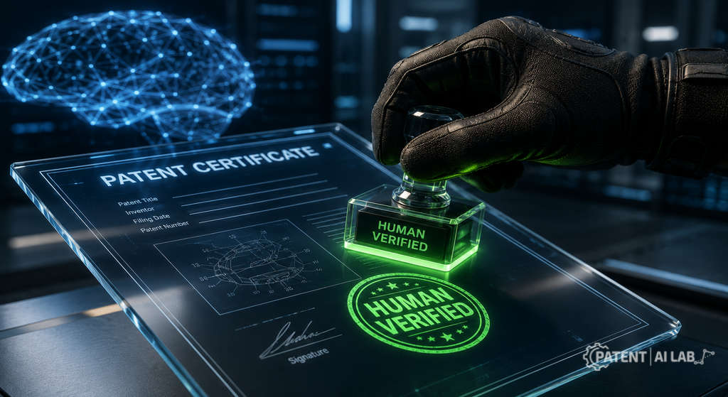USPTO AI Patent Guidance 2026: Satisfying the Significant Contribution Test 2 Concept art showing how a human-verified application passes the USPTO AI Patent Rules 2026 significant contribution test