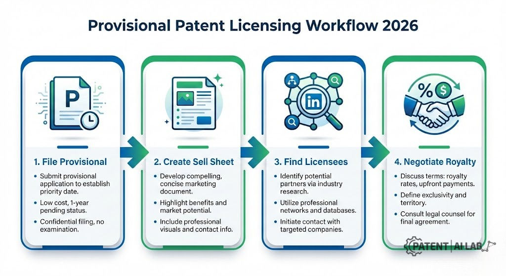 How to License a Provisional Patent in 2026: Earn Royalties Without Manufacturing (Step-by-Step) 2 Step-by-step roadmap infographic for licensing a provisional patent in 2026 without manufacturing.