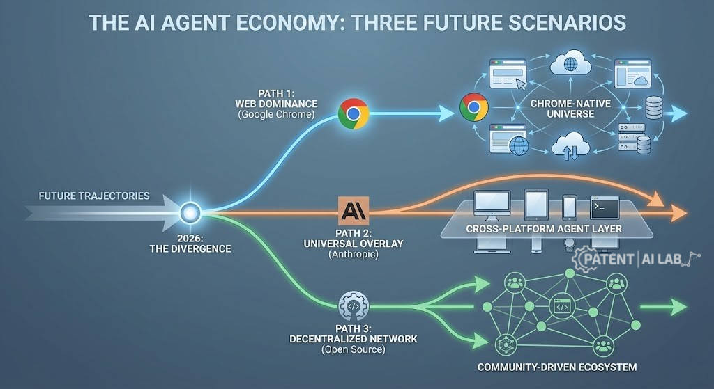 AI Computer Use Agents 2026: The Google Jarvis vs. Anthropic Patent War 10 Infographic predicting the future of the AI agent economy divided by Google, Anthropic, and open-source models