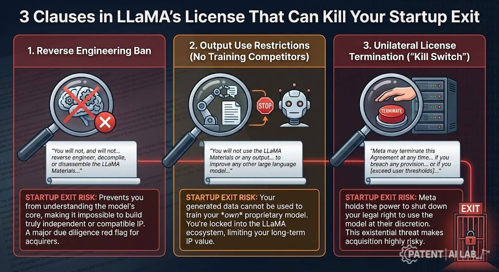 The "Fake Open Source" Trap: How Open Weights Void AI Startup IP Rights 6 Infographic showing 3 specific clauses in LLaMA license that block startup exits and reverse engineering