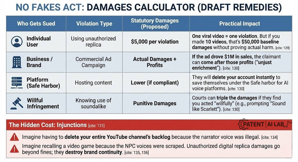 Is "Generic" AI Voice Illegal in 2026? The NO FAKES Act Liability Trap 6 NO FAKES Act statutory damages calculator table for individual users and businesses.