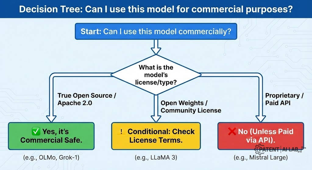The "Fake Open Source" Trap: How Open Weights Void AI Startup IP Rights 9 Simple decision tree for determining if an AI model is safe for commercial use.