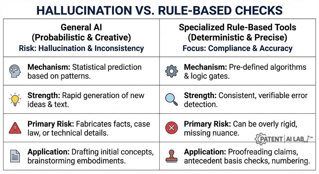 Best AI Patent Drafting Software 2026: ChatGPT vs. ClaimMaster vs. Rowan 6 General AI hallucination risks versus specialized rule based patent tools comparison table.