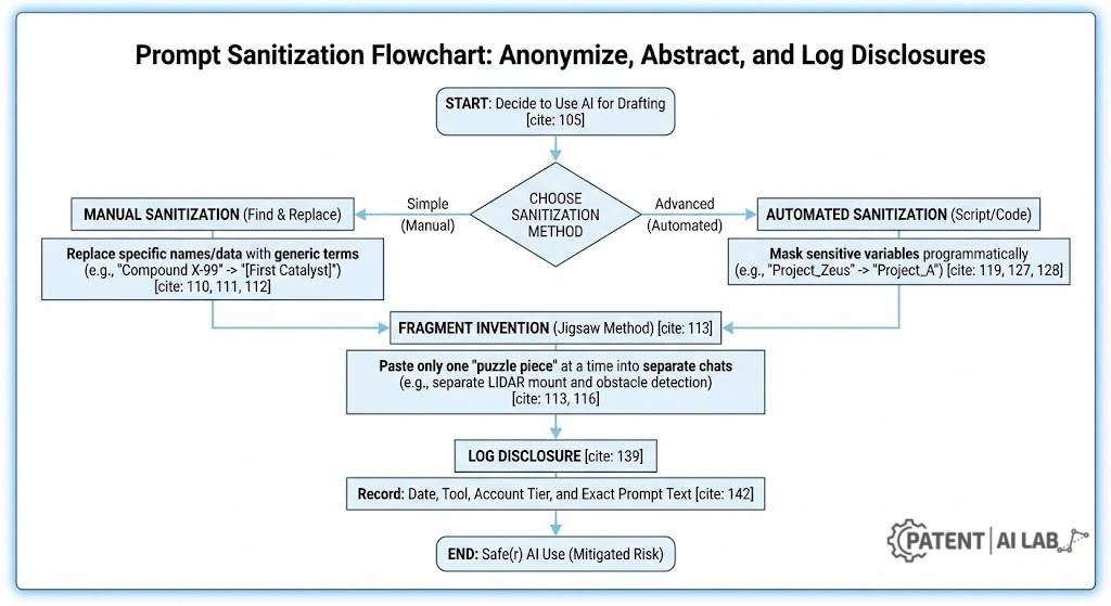 The AI Public Disclosure Trap: Does Drafting Patents with AI Kill Your Global Rights in 2026? 6 Flowchart titled 'Prompt Sanitization Flowchart' showing steps to anonymize, abstract, and fragment invention data before inputting into AI tools.