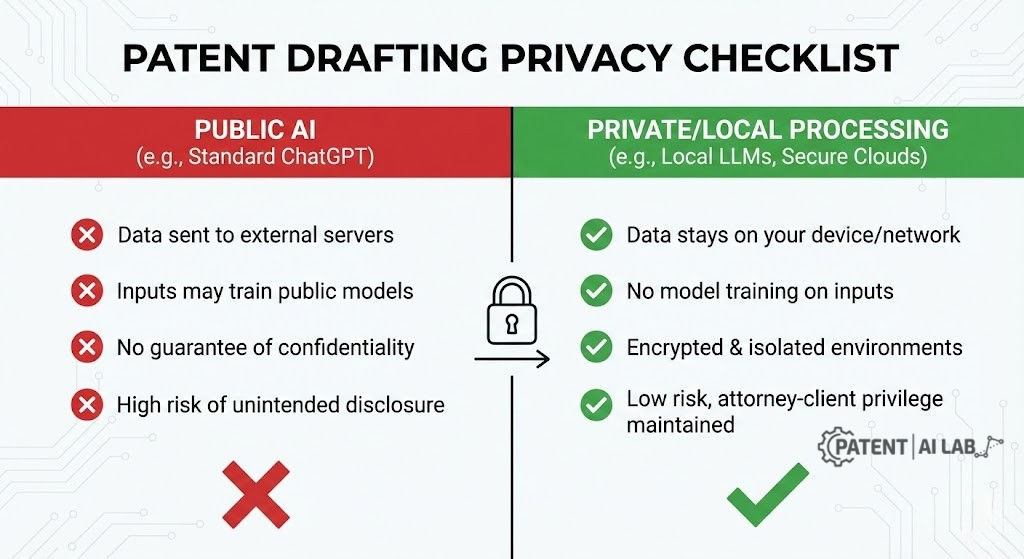 Best AI Patent Drafting Software 2026: ChatGPT vs. ClaimMaster vs. Rowan 7 Patent drafting privacy checklist comparing public AI risks with private local processing security.