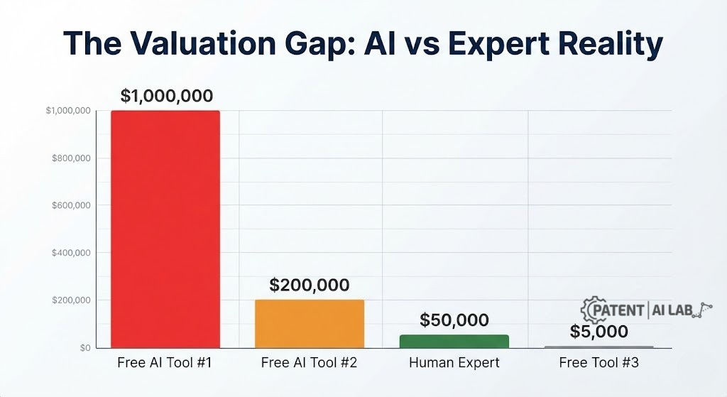 AI Patent Valuation Tools 2026: The Unvarnished Truth About Free Calculators 3 Patent valuation accuracy comparison chart 2026 - Free AI tools vs Human expert analysis.
