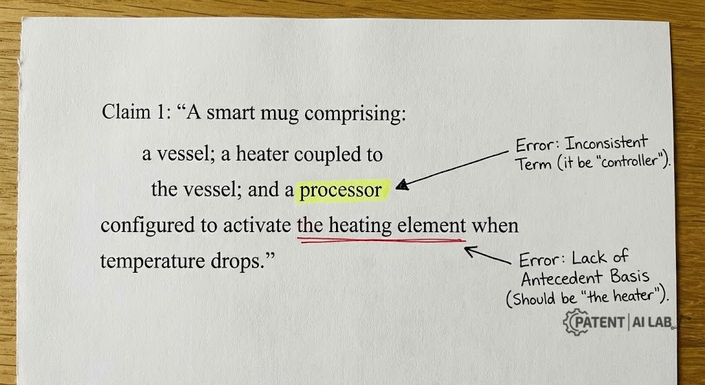Best AI Patent Drafting Software 2026: ChatGPT vs. ClaimMaster vs. Rowan 8 Smart coffee mug patent claim example showing antecedent basis error and inconsistent terms highlighted