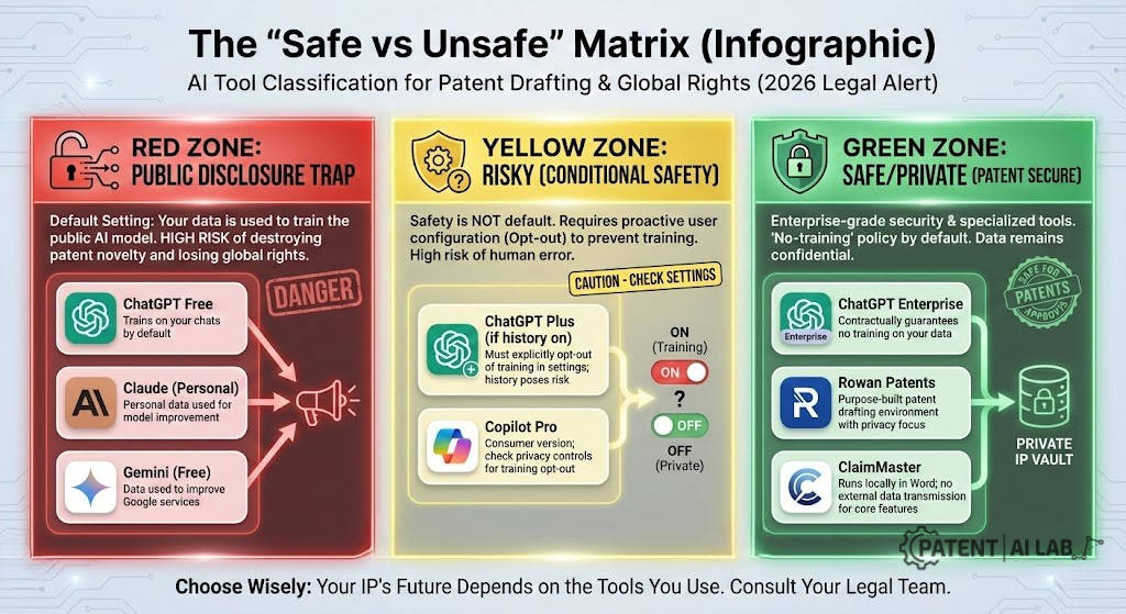 The AI Public Disclosure Trap: Does Drafting Patents with AI Kill Your Global Rights in 2026? 5 Infographic categorizing AI tools for patent drafting into Red Zone (Public Disclosure Trap), Yellow Zone (Risky), and Green Zone (Safe/Private).