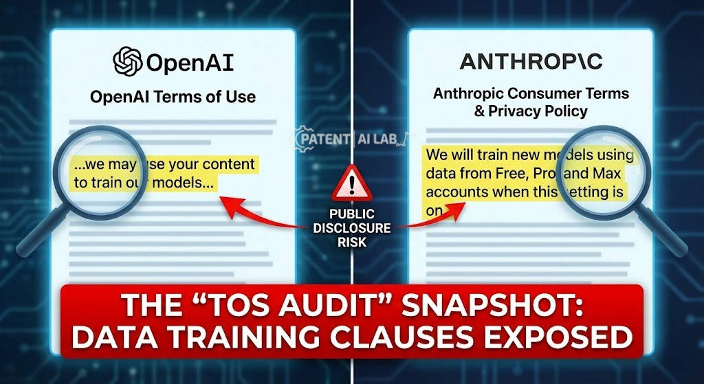The AI Public Disclosure Trap: Does Drafting Patents with AI Kill Your Global Rights in 2026? 4 Magnifying glass over OpenAI and Anthropic Terms of Service clauses, highlighting text that allows user content to be used for training AI models.