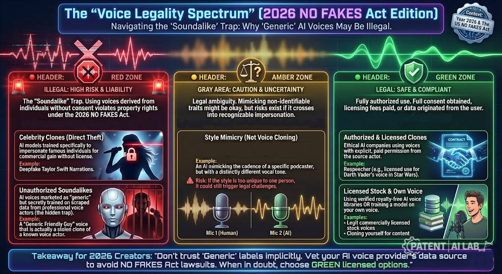 Is "Generic" AI Voice Illegal in 2026? The NO FAKES Act Liability Trap 7 Red Green Amber zone guide for AI voice legality under US NO FAKES Act with Bengali translation