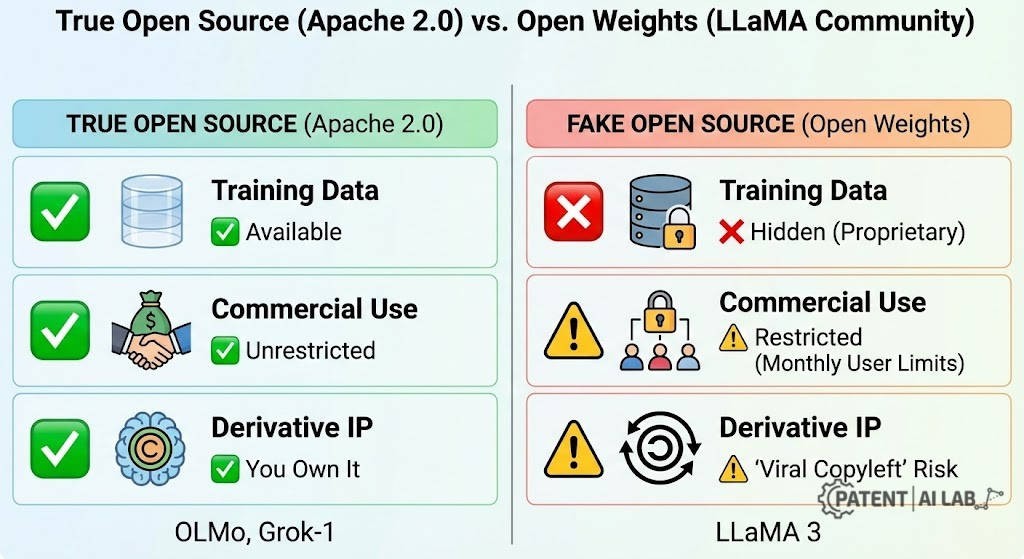 The "Fake Open Source" Trap: How Open Weights Void AI Startup IP Rights 3 Comparison chart between True Open Source Apache 2.0 and Fake Open Source Open Weights LLaMA Community licenses
