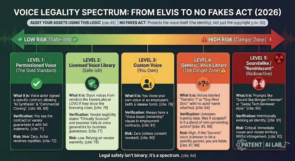 Is "Generic" AI Voice Illegal in 2026? The NO FAKES Act Liability Trap 4 5 levels of AI voice legality spectrum chart from permissioned voice to illegal soundalikes 2026