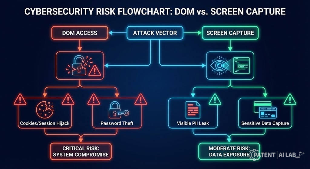 AI Computer Use Agents 2026: The Google Jarvis vs. Anthropic Patent War 7 Cybersecurity flowchart comparing privacy risks of DOM-level browser access versus screenshot-based UI interpretation