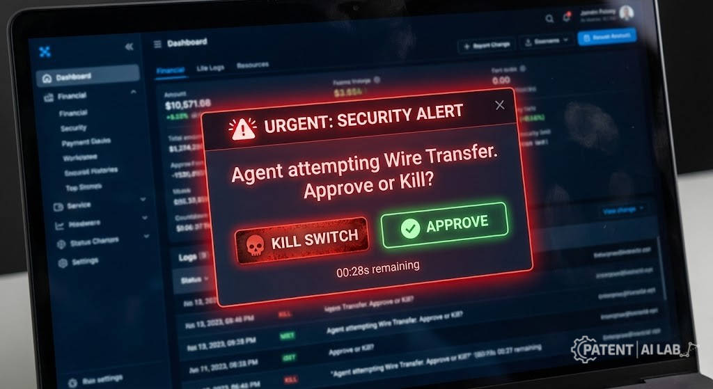 AI Computer Use Agents 2026: The Google Jarvis vs. Anthropic Patent War 8 UI mockup of a safety interlock kill switch for autonomous AI agents executing risky tasks