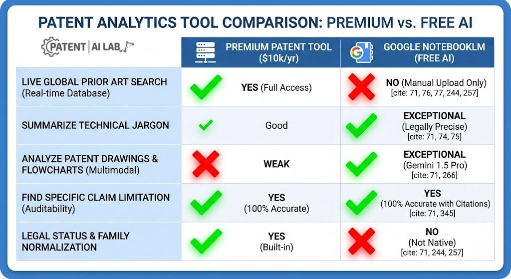 NotebookLM Patent Analysis 2026: Can Free AI Replace $10,000 Tools? 5 Benchmark test results comparing premium patent analytics software versus Google NotebookLM