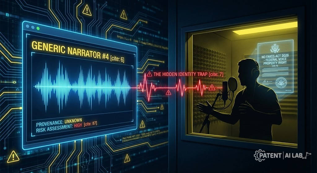 Is "Generic" AI Voice Illegal in 2026? The NO FAKES Act Liability Trap 3 Comparison of generic AI narrator waveform vs real human voice actor hidden identity risk.