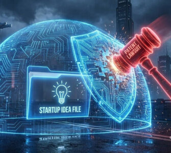 Defensive Publication Strategy: How to Block Patents for $0 in 2026 24 3D illustration of a digital shield protecting a startup idea file from a red patent lawsuit hammer, symbolizing defensive publication strategy