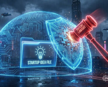Defensive Publication Strategy: How to Block Patents for $0 in 2026 2 3D illustration of a digital shield protecting a startup idea file from a red patent lawsuit hammer, symbolizing defensive publication strategy