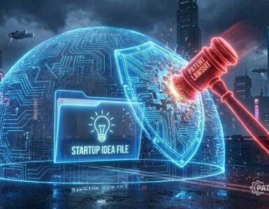 Defensive Publication Strategy: How to Block Patents for $0 in 2026 53 3D illustration of a digital shield protecting a startup idea file from a red patent lawsuit hammer, symbolizing defensive publication strategy