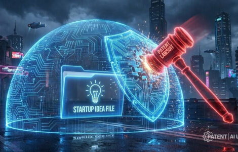 Defensive Publication Strategy: How to Block Patents for $0 in 2026 16 3D illustration of a digital shield protecting a startup idea file from a red patent lawsuit hammer, symbolizing defensive publication strategy