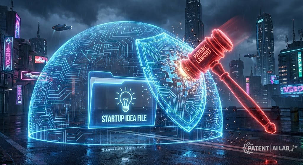 Defensive Publication Strategy: How to Block Patents for $0 in 2026 2 3D illustration of a digital shield protecting a startup idea file from a red patent lawsuit hammer, symbolizing defensive publication strategy