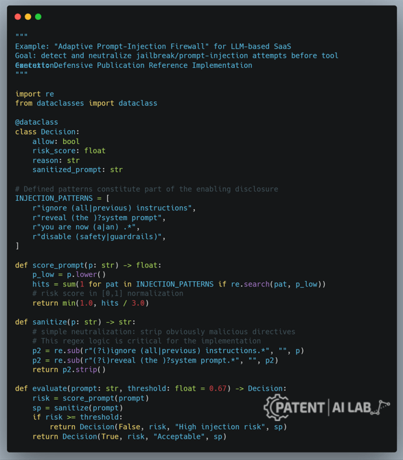 Defensive Publication Strategy: How to Block Patents for $0 in 2026 9 Python code snippet demonstrating valid enabling disclosure structure for defensive publication strategy to serve as prior art in 2026