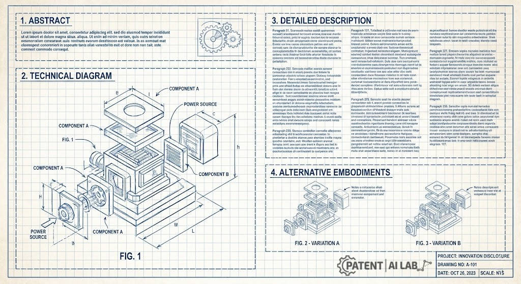 Defensive Publication Strategy: How to Block Patents for $0 in 2026 8 Blueprint style engineering diagram example showing abstract, technical exploded view, and detailed description for patent disclosure.