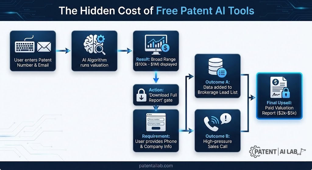 AI Patent Valuation Tools 2026: The Unvarnished Truth About Free Calculators 4 Flowchart illustrating the hidden sales funnel of free patent valuation tools: from broad AI estimates (0k-M) to lead generation and paid report upsells (k-k).