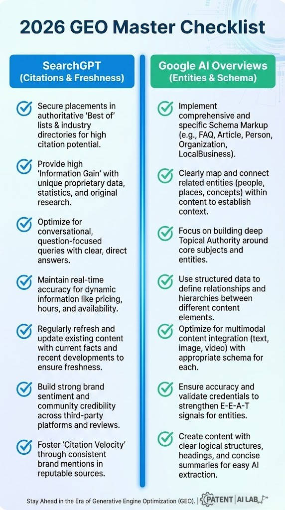 SearchGPT vs Google Market Share 2026: The RAG Patent War & Zero-Click Survival Guide 9 Generative engine optimization SEO strategy and GEO checklist for SearchGPT and Google AI Overviews.