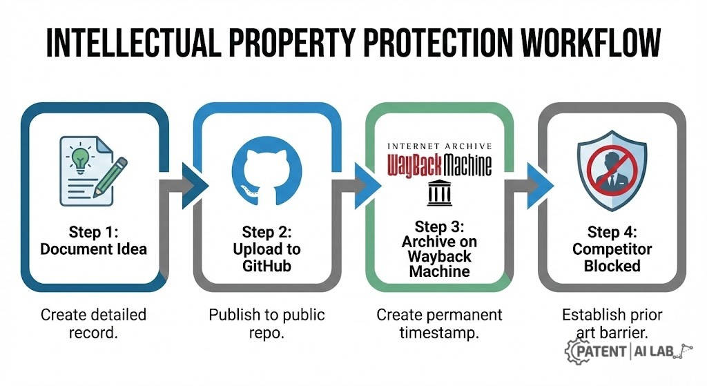 Defensive Publication Strategy: How to Block Patents for $0 in 2026 6 4-step intellectual property protection workflow: Document Idea, Upload to GitHub, Archive on Wayback Machine, and Competitor Blocked.