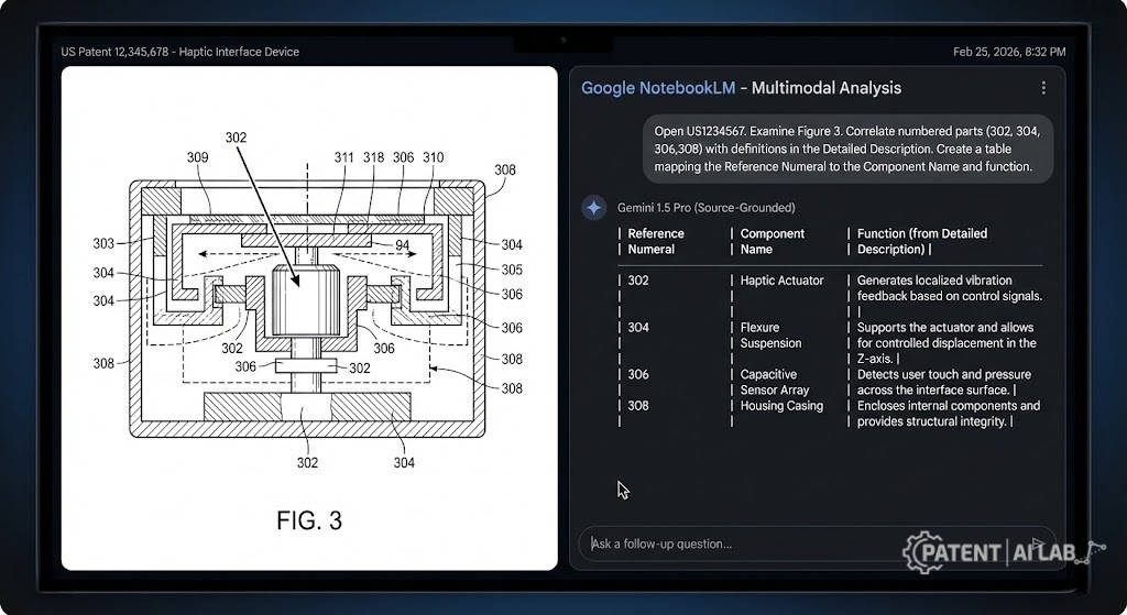 NotebookLM Patent Analysis 2026: Can Free AI Replace $10,000 Tools? 6 Google NotebookLM multimodal AI analyzing mechanical patent drawings and correlating reference numerals