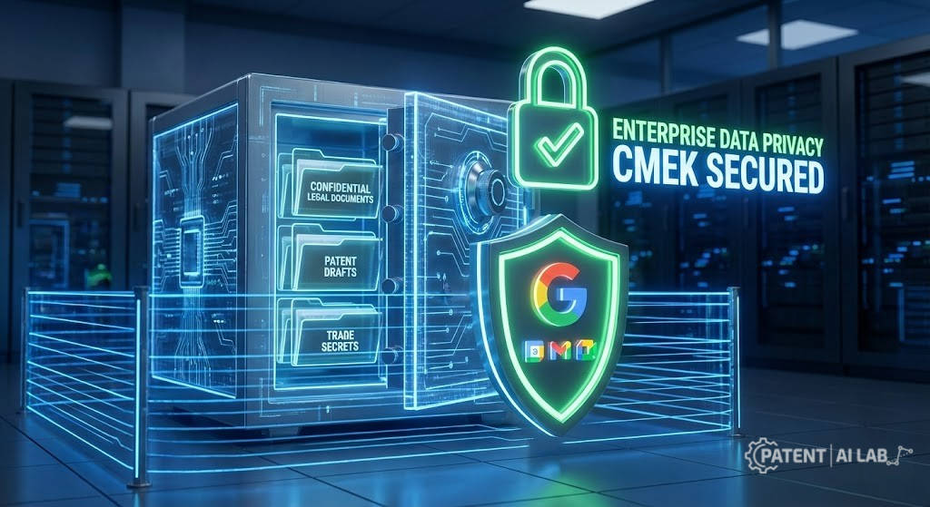 NotebookLM Patent Analysis 2026: Can Free AI Replace $10,000 Tools? 11 Data privacy and security flowchart for uploading confidential patent drafts to NotebookLM Business