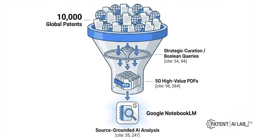NotebookLM Patent Analysis 2026: Can Free AI Replace $10,000 Tools? 4 Infographic illustrating the 50 patent upload limit and strategic filtering for Google NotebookLM