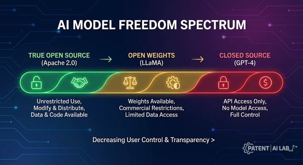 The "Fake Open Source" Trap: How Open Weights Void AI Startup IP Rights 4 AI model freedom spectrum chart ranging from True Open Source to Closed Proprietary models.