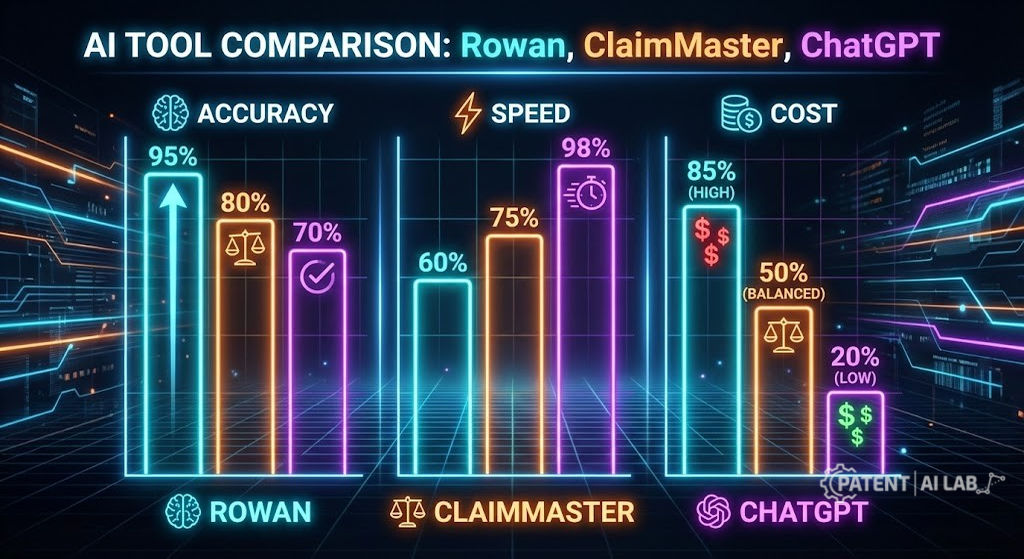 Best AI Patent Drafting Software 2026: ChatGPT vs. ClaimMaster vs. Rowan 4 AI tool comparison chart for patent drafting showing accuracy speed and cost for Rowan ClaimMaster and ChatGPT