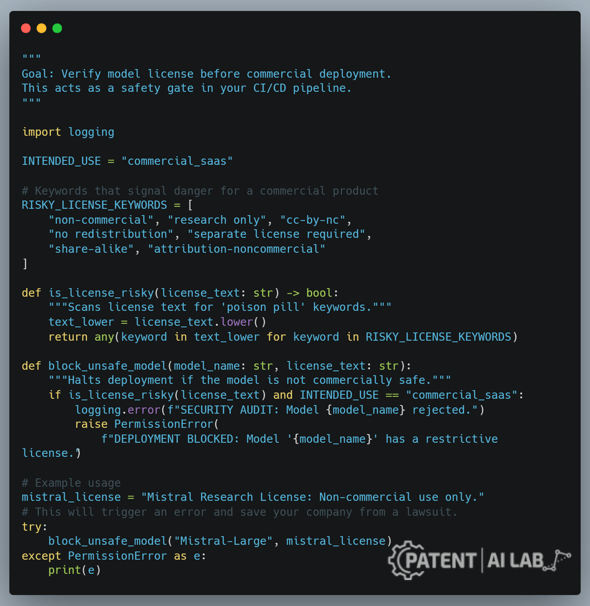 The "Fake Open Source" Trap: How Open Weights Void AI Startup IP Rights 8 Python script example to automate AI model license compliance checks in CI/CD pipelines.
