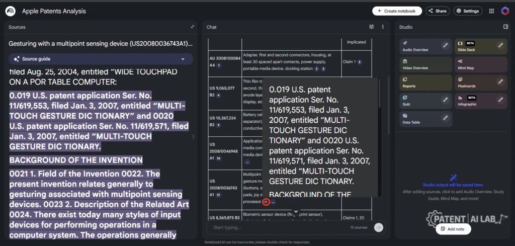 NotebookLM Patent Analysis 2026: Can Free AI Replace $10,000 Tools? 9 Source-grounded AI models highlighting exact patent claim text in Google NotebookLM.