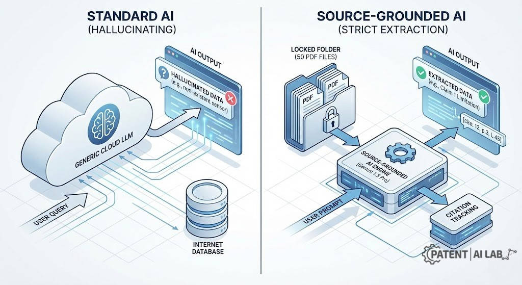 NotebookLM Patent Analysis 2026: Can Free AI Replace $10,000 Tools? 3 Diagram showing how source-grounded AI in NotebookLM prevents hallucinations in legal patent analysis